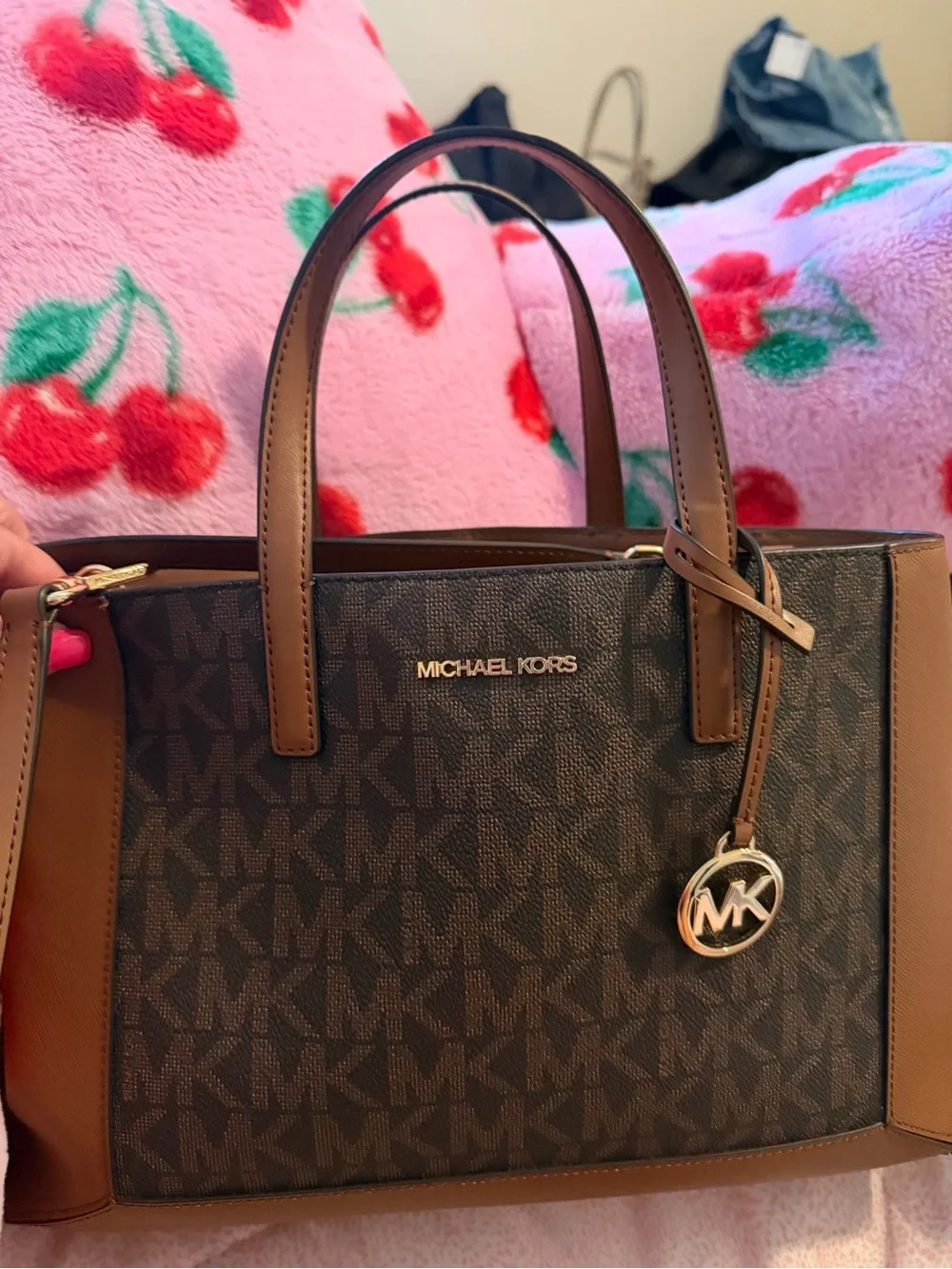 Michael Kors Brown MK Logo Satchel with Gold Charm